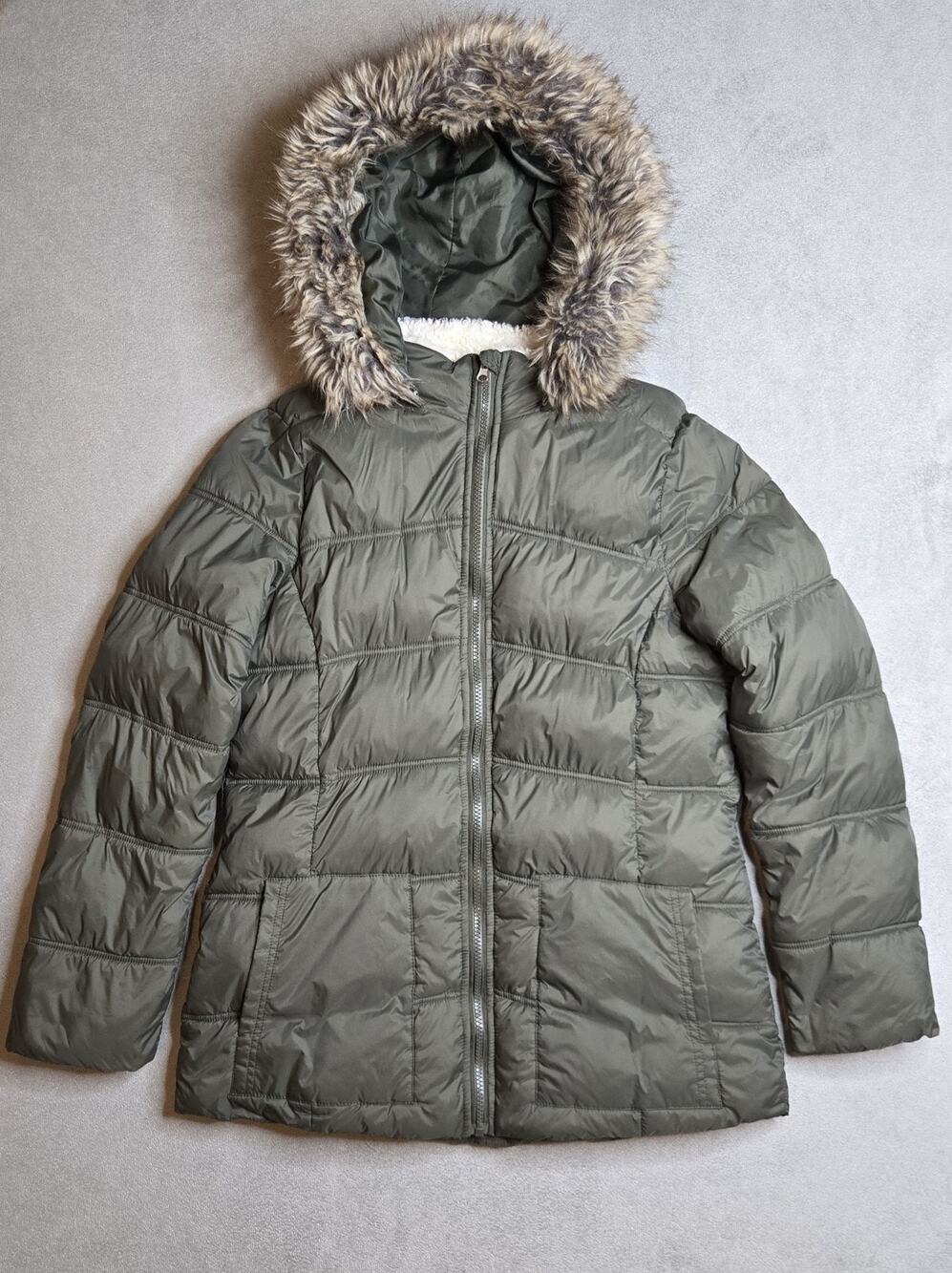 BNCI Olive Green Hooded Puffer Jacket Coat with Faux Fur Trim